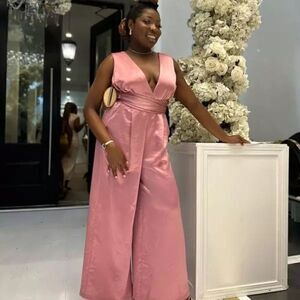 Express Size S Semi Formal Satin Jumpsuit Blush Pink Bow Tie Back Feminine New
